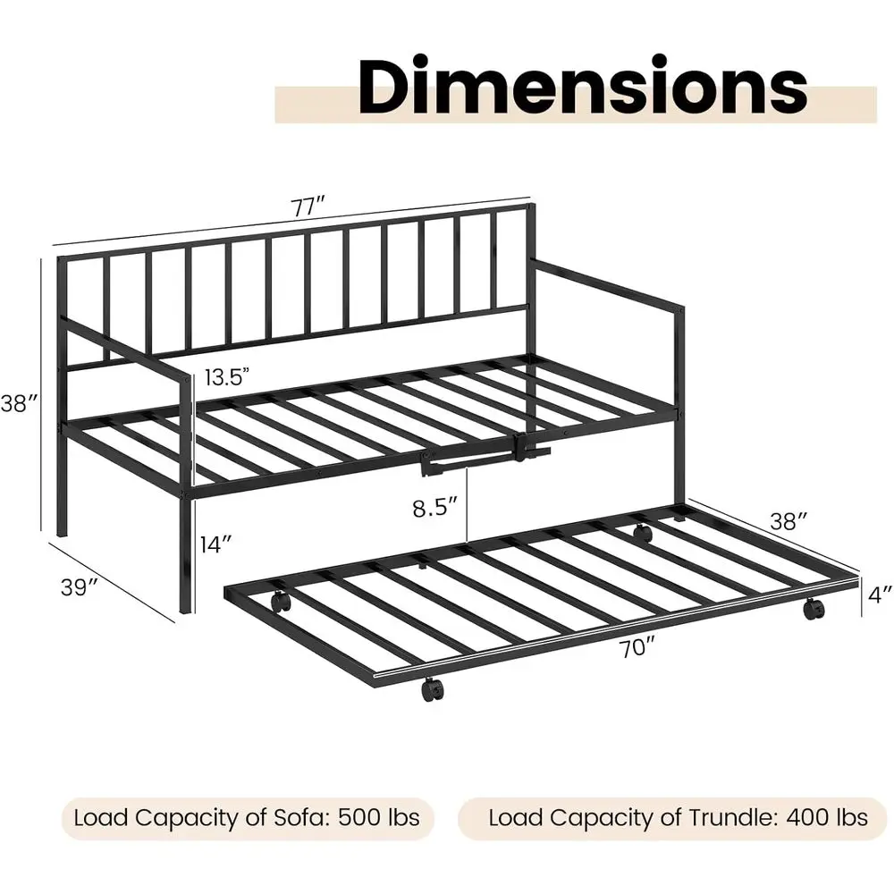 Twin Size Metal Daybed with Pull-Out Trundle, Steel Slat Support, 4 Lockable Wheels, Space-Saving for Bedrooms or Living Rooms,