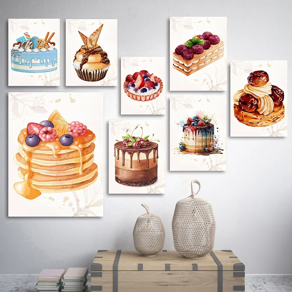 Cartoon Watercolor Birthday Cake Chocolate Art Canvas Painting Wall Poster Print Dessert Shop Restaurant Room Home Picture Decor