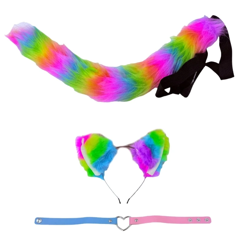 652f Animal Cosplay Costume Faux Furs Wolf Cats Foxes Fuzzy Tail Cats Bandau auditif Choker Halloween Party Costume Accessoire