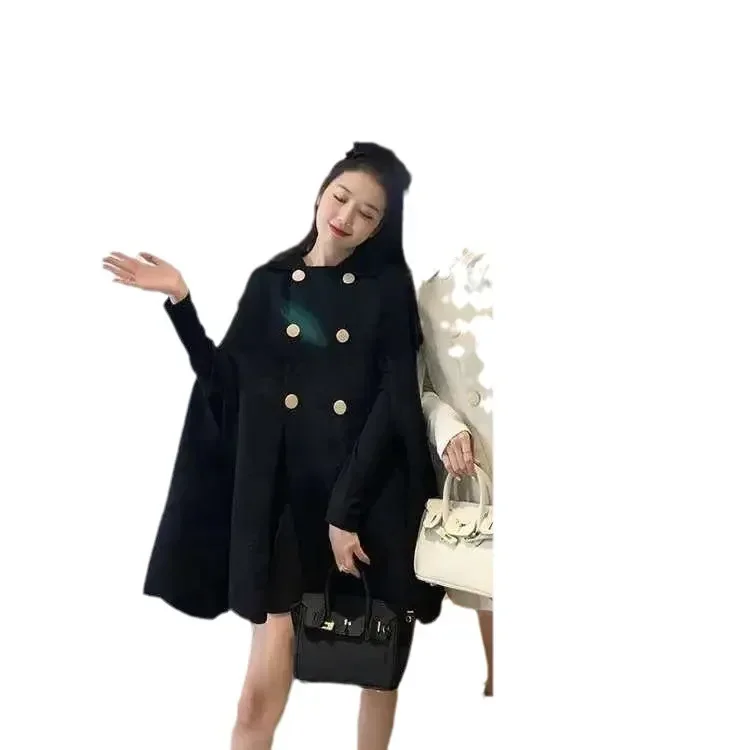 Fashion Woolen Poncho Coats for Women Autumn Winter Solid Cape Cloak Coat Loose Overcoat Female Double Breasted Lapel Jackets
