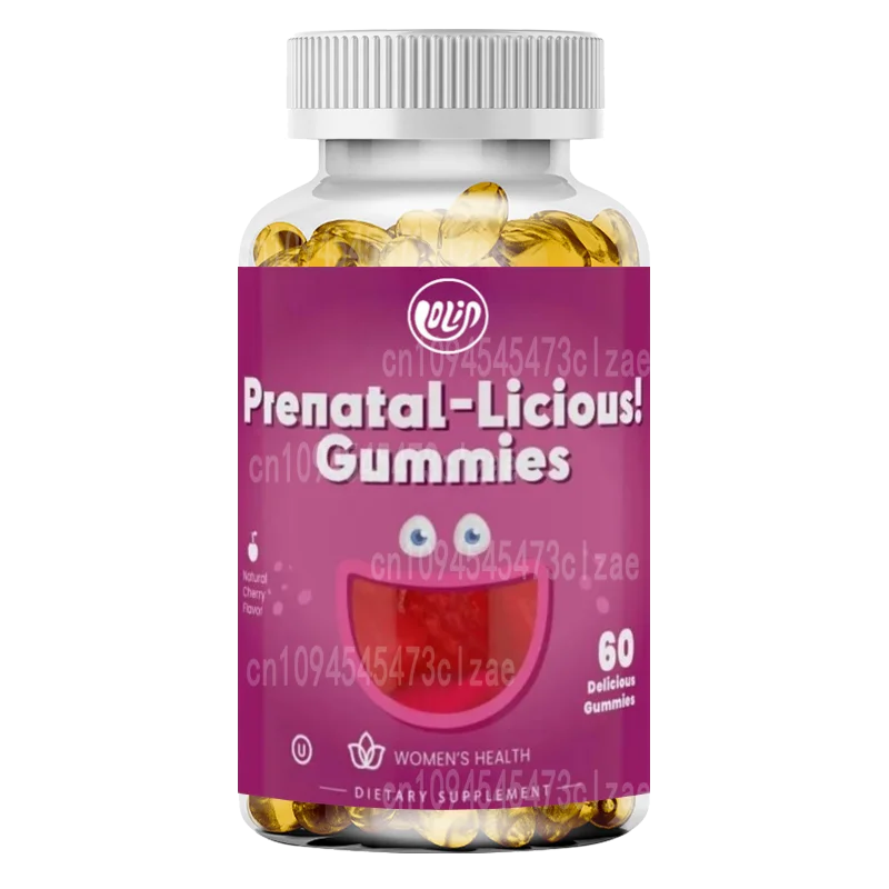 Gomitas prenatales orgánicas para mujer - Sabor cereza judía - Vitamina que contiene ácido fólico y hierro, 60 cápsulas