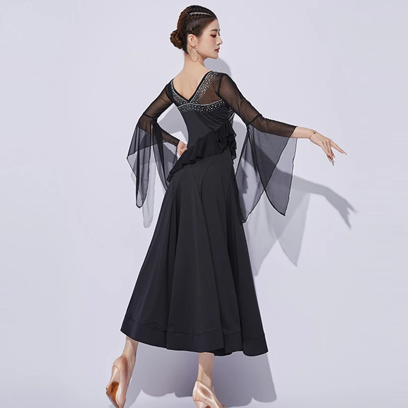 Czerwony strój do tańca towarzyskiego damski standard krajowy sukienka do ćwiczeń tańca siateczkowe rozkloszowane rękawy sukienki strój do walca występ 2200