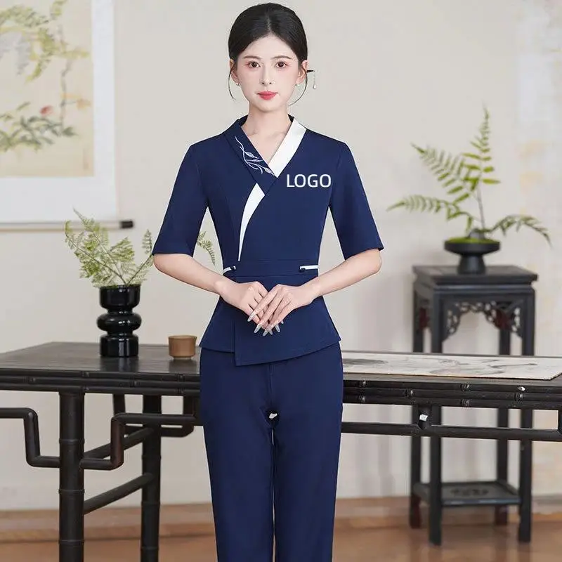 Foot Massage Technician Uniform With Printed Logo Hotel Waiter Beauty Hairdressing Spa Sauna Work Suit Set Short Sleeved Pants