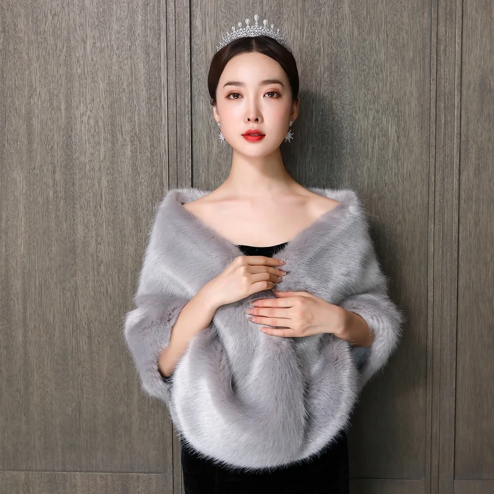 

Faux Fur Party Shawl Winter Warm Bridal Bolero Gray High Quality Wedding Coat Wedding Bridal Wrap Party Cape