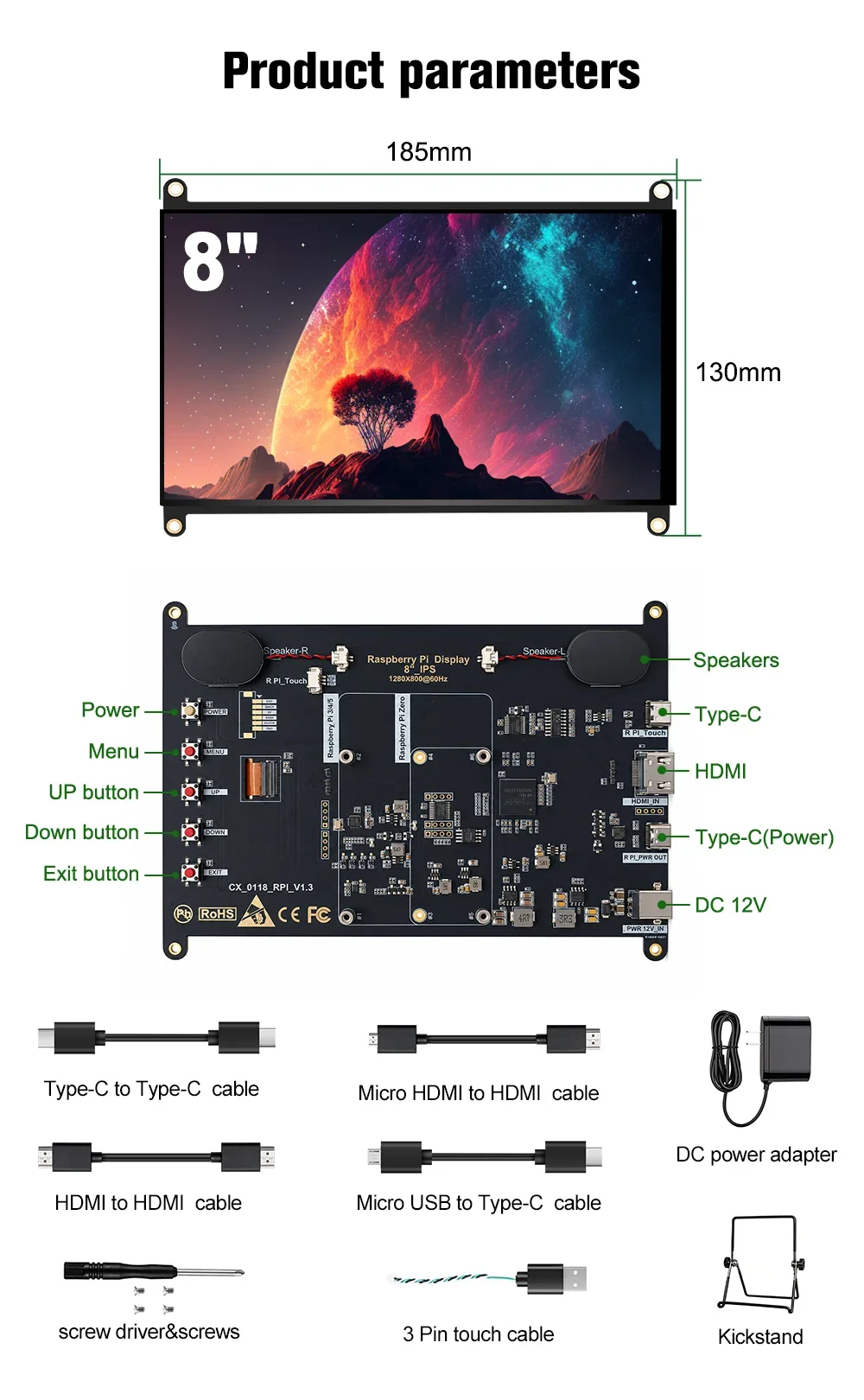 Raspberry Pi 5 7/8 Inch Screen, IPS TFT LCD HDMI Display Touch Screen Monitor 1024*600 1920*1200 HDMI Speaker for DIY Student