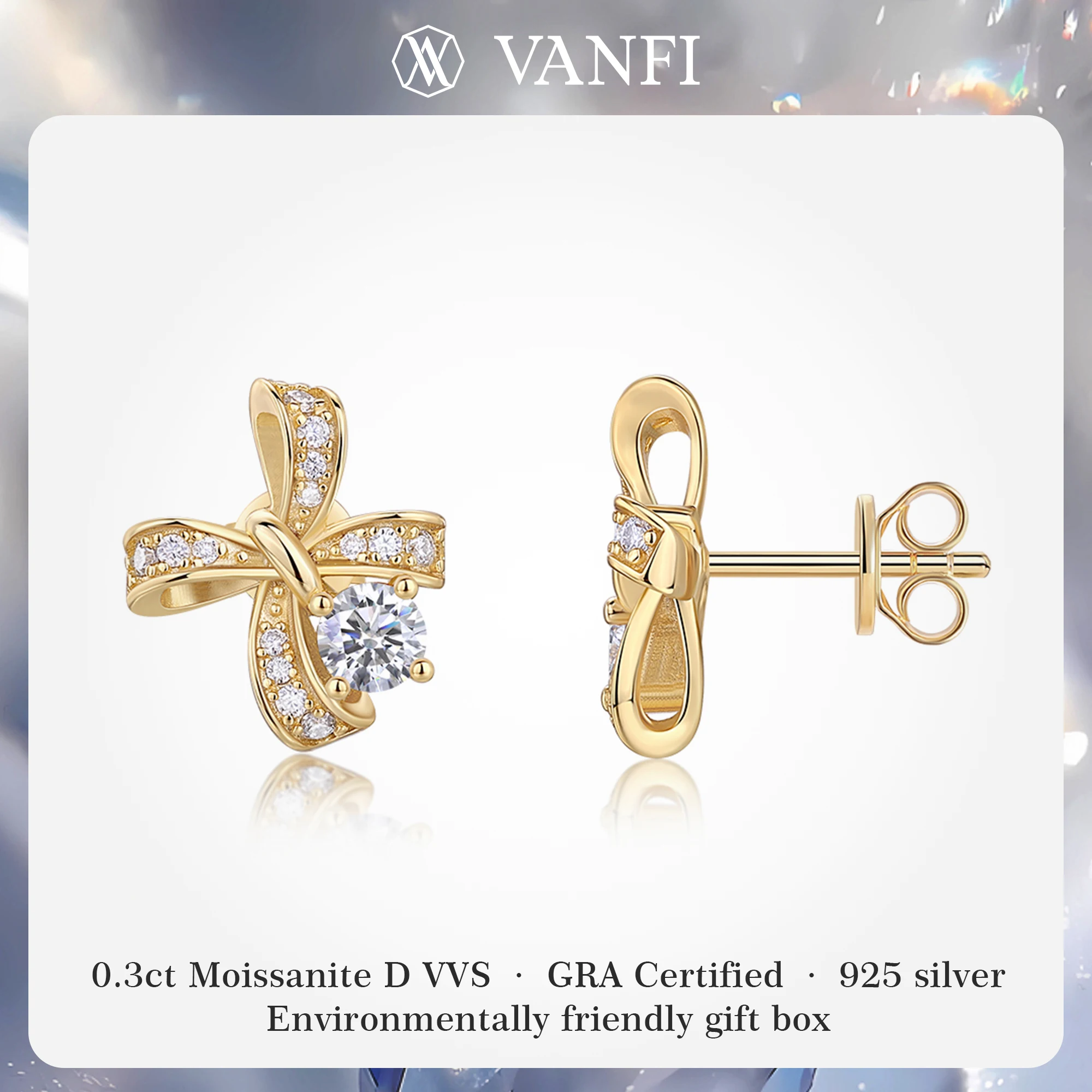 

Kfvanfi s925 стерлингового серебра сертифицированный муассанит с бантом женские серьги 2025 новые 18-каратные позолоченные модные украшения для банкета и вечеринки