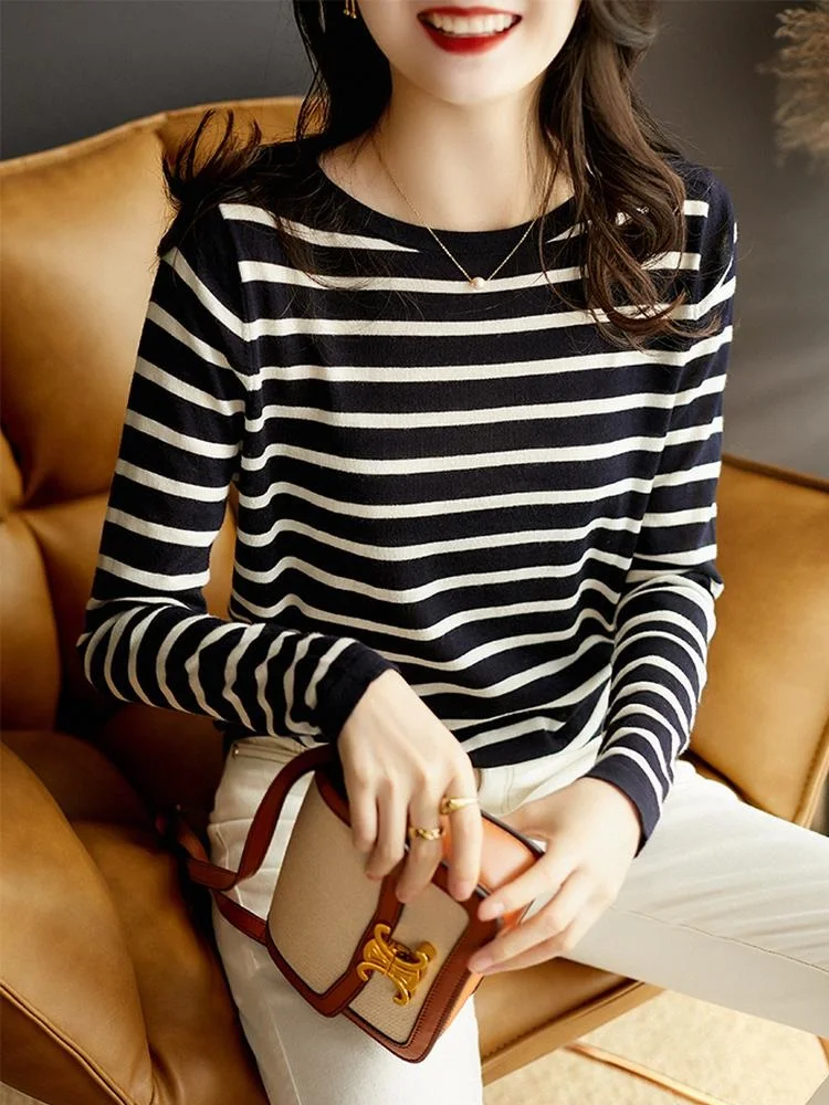 TuangBiang Spring 2023 Black White Striped Women Cotton Pullover O-Neck Ladies Elegant Sweater Elasticity Autumn Knitting TShirt