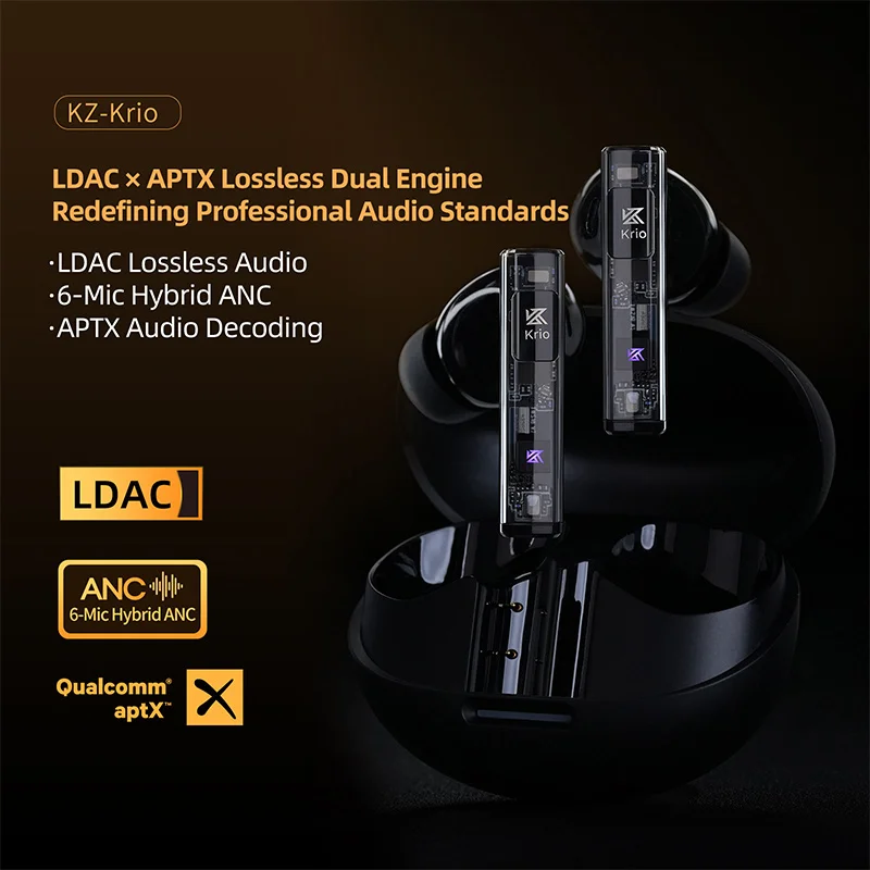 سماعات أذن KZ Krio TWS مزودة بتقنية البلوتوث 6 ميكروفونات هجينة ANC LDAC APTX سماعات أذن مزدوجة بدون فقدان مع علبة شحن