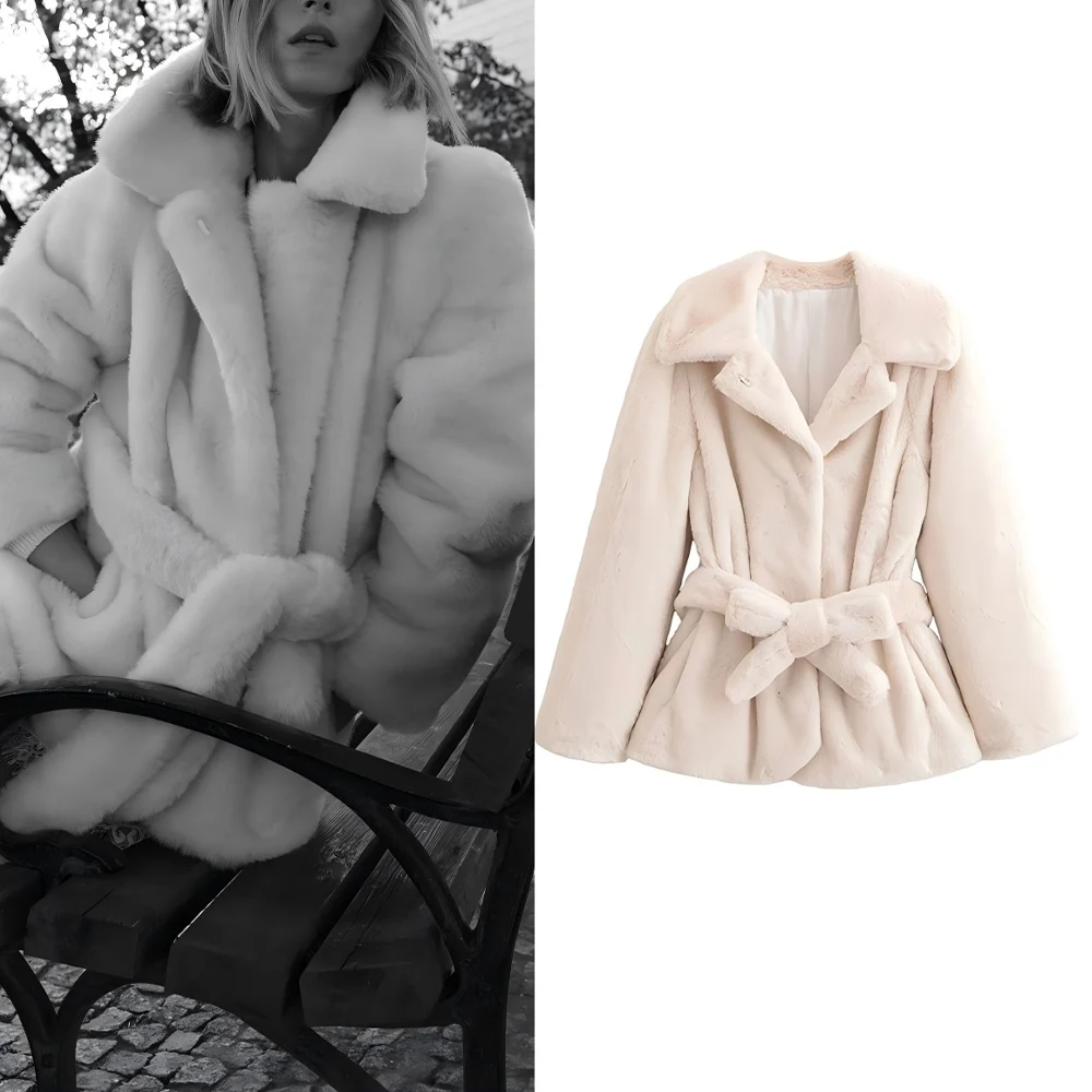 

Women's New Fashion With Belt Thick Warm Artificial Fur Effect Lapel Coat Retro Long Sleeve Pocket Women's Coat chic Top