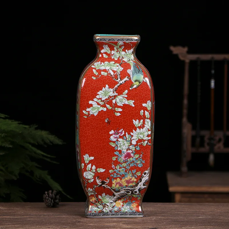 Large size 34cm enamel colored square flower and bird vase, Jingdezhen ceramic vase, antique Chinese porcelain decoration, ornam