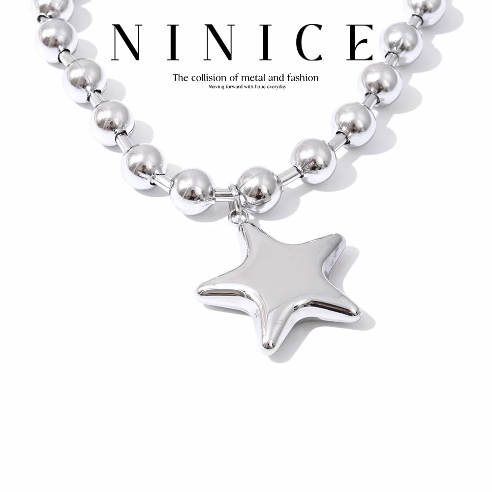 NiNice Stainless Steel Necklace Pearl Chain Fashion DeAsign Personalized Five-pointed Starshaped Round Exaggerated Selection