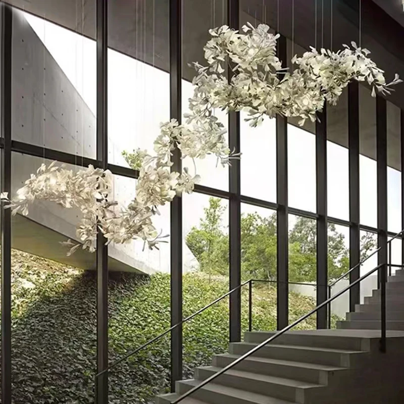 Large Ginko Leaf Chandeliers High Ceiling Staircase Ceramics Leaf Pendant Hanging Chandelier For Vila Lobby Luxury Living Room