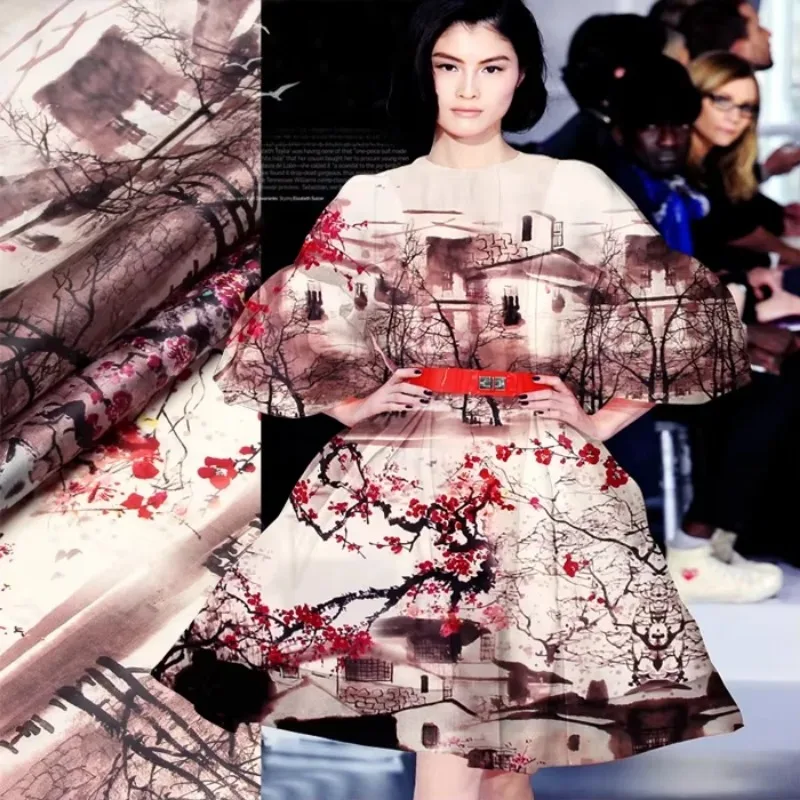 

135*120cm 14mm Painting Print Silk Organza Fabric For Dress Skirt Clothes Diy Sewing Material R1596