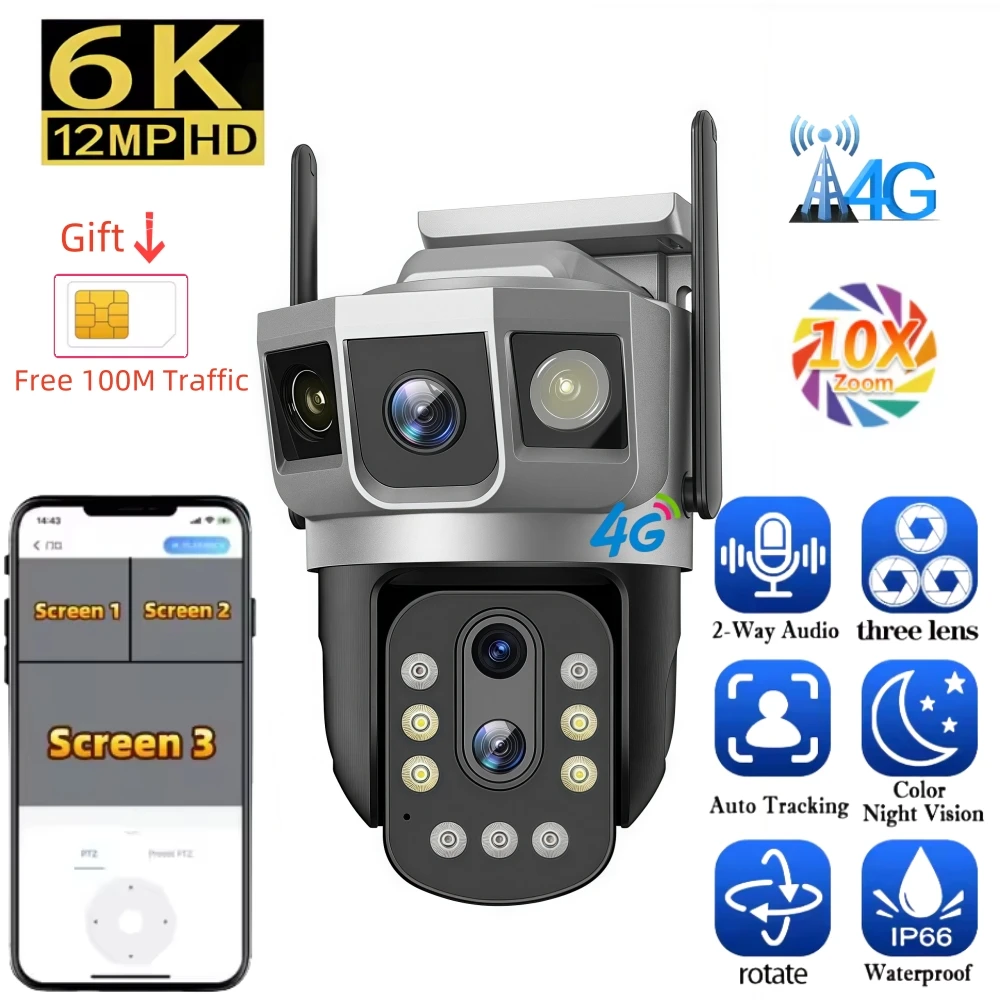 

12-мегапиксельная 6K 4G IP-камера с 4G SIM-картой, тройными экранами, 10-кратным оптическим зумом, PTZ-детектором движения, цветной монитор ночного видения, монитор безопасности, видеонаблюдение