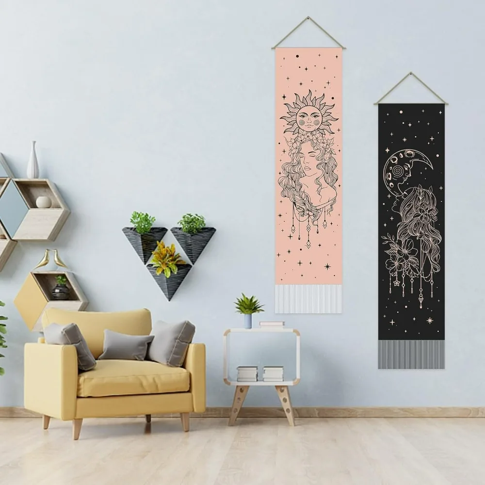 2Pcs Sun and Moon Goddess Tapestry Black and Pink Long Vertical Tapestry Wall Hanging Starry Sky Flower Decoration Goddess