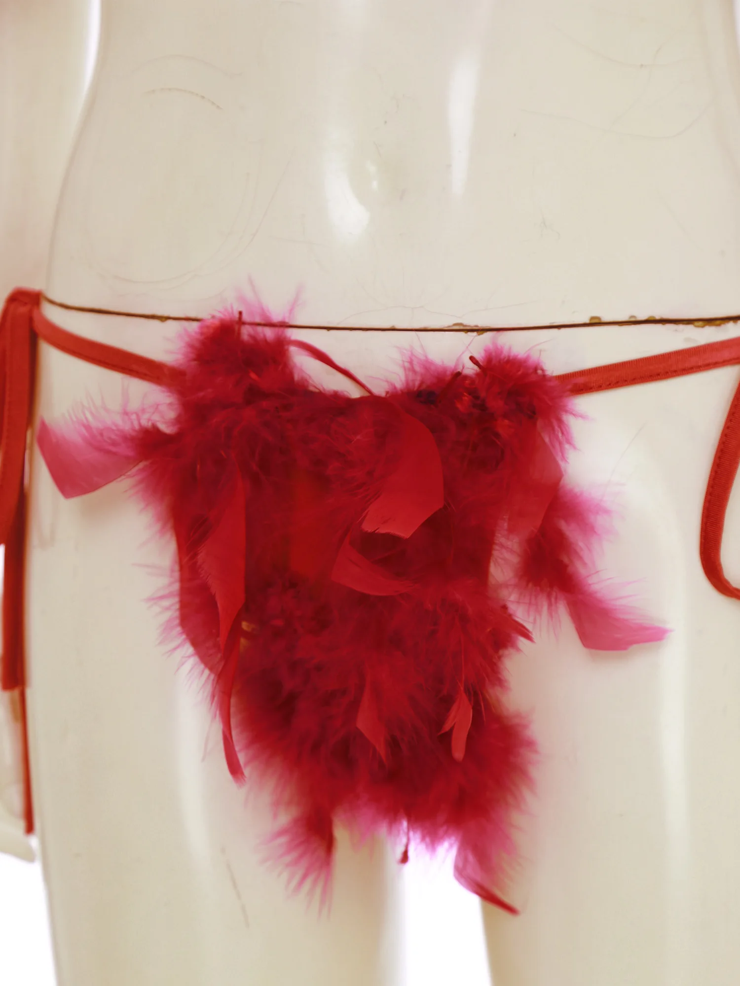 Womens Faux Feather Bikini Lingerie Set Front Crossing Removable Cups Bra Tops Side Tie Sexy Bedtime Clubwear Underwear Suit