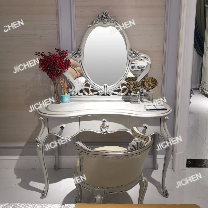 

Французский светлый роскошный синий цельный резьба по дереву цветок ретро стиль принцессы вилла роскошный комод для спальни столик для макияжа