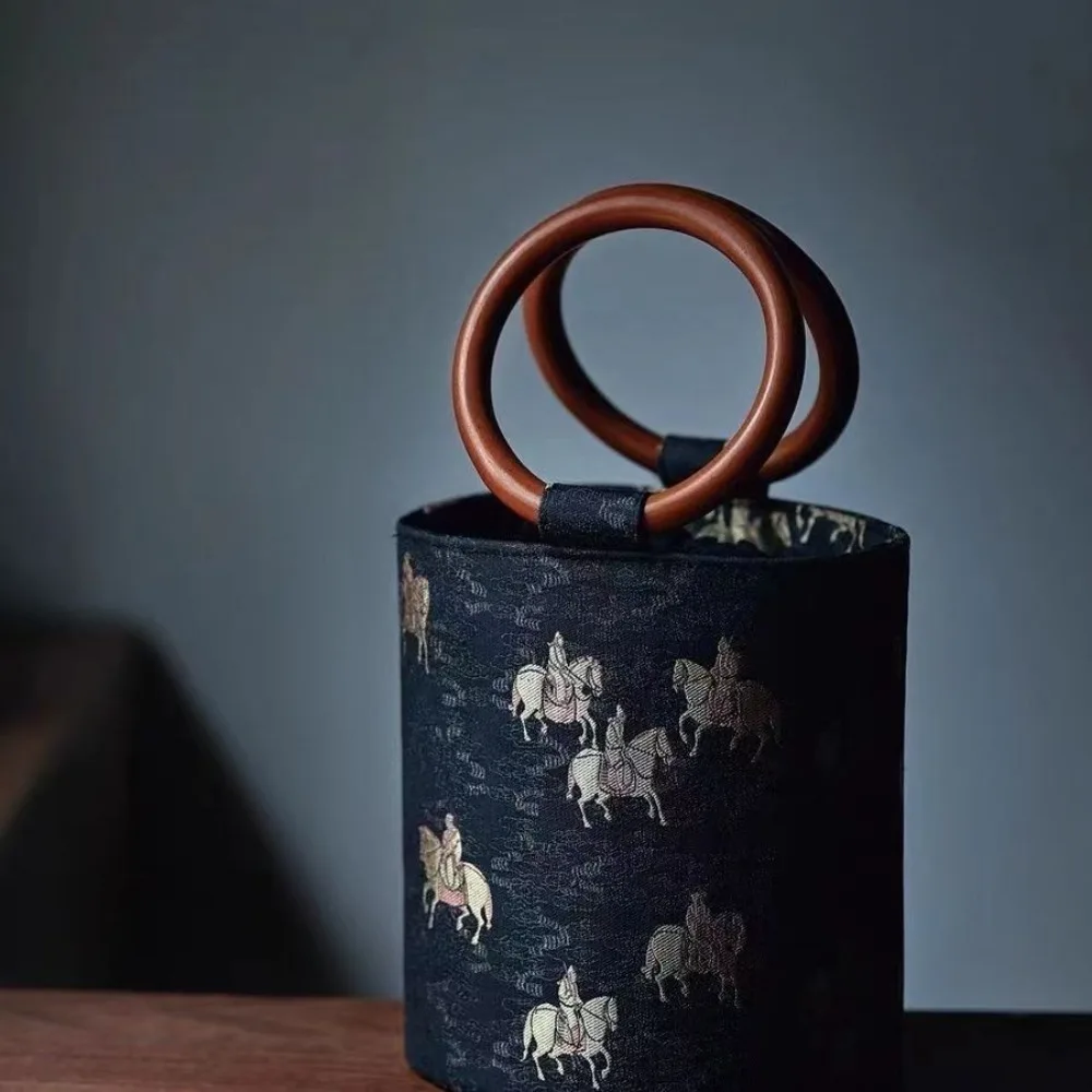 Drawstring Wood Handle Fabric Women Clutch Bag Retro Hand Bag Small Bucket Day Clutch ladies hand bags