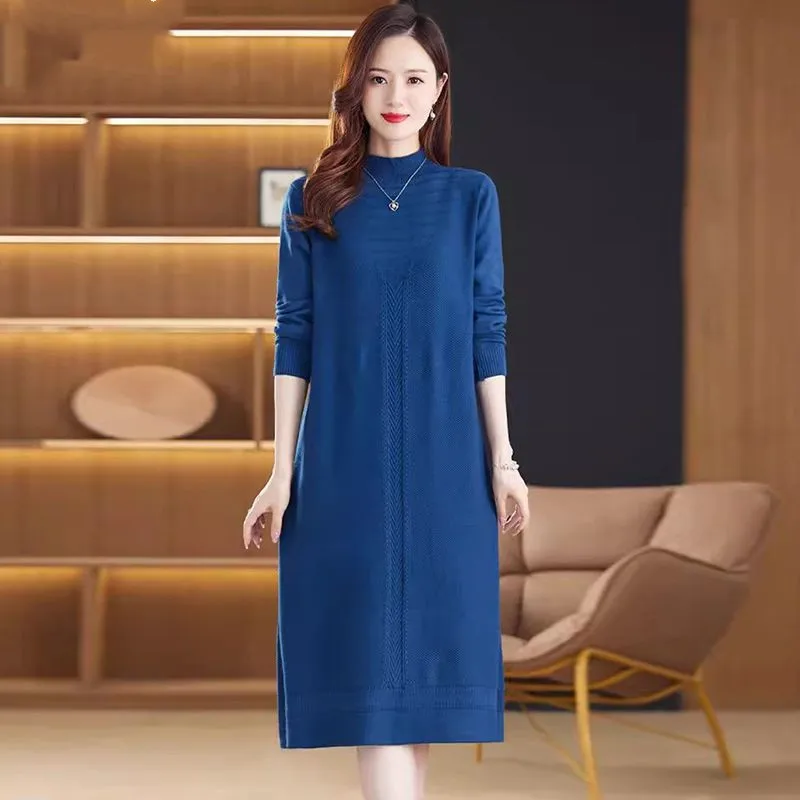 Women Autumn Winter Knit Dress 2023 New Fashion Half High Collar Solid Stright Oversize Female Sweater Dresses Top Quality