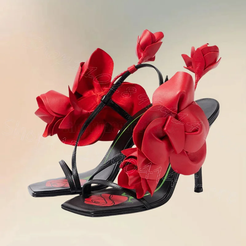 

Red Appliques Floral Print Open Toe Sandals Buckle Strap Women Shoes Thin High Heels New Party Banquet 2025 Zapatos Para Mujere