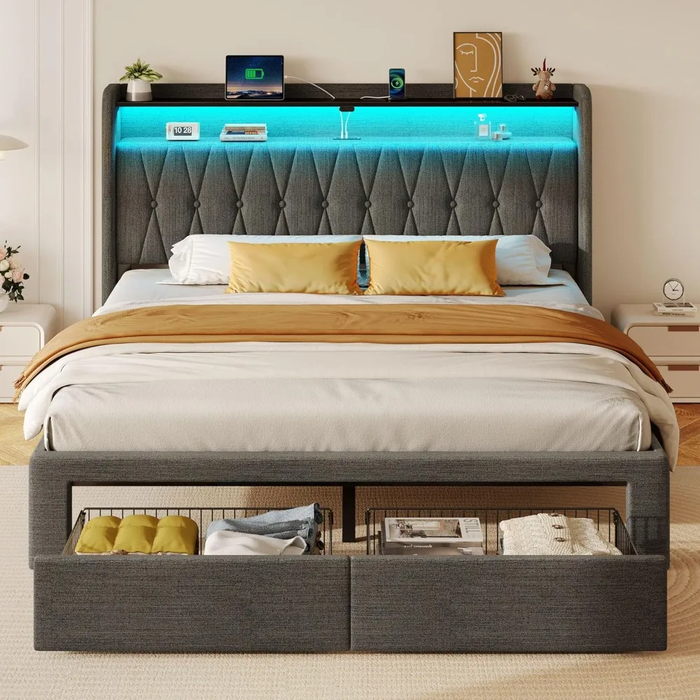 Full Bed Frame with Drawers, Storage Headboard with Charging Station and LED Lights, Upholstered Bed with Heavy Duty Wood Slats