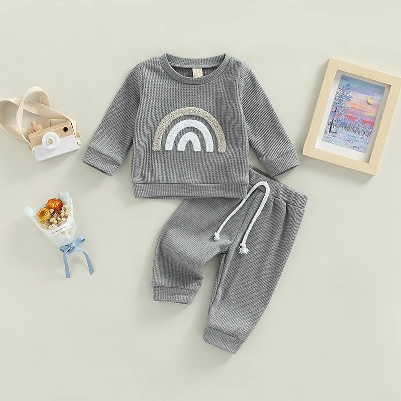 Baby Girls Boys Clothes Sets 2pcs Letter/Rainbow Printed Long Sleeve Pullover Sweatshirt Tops+Pants