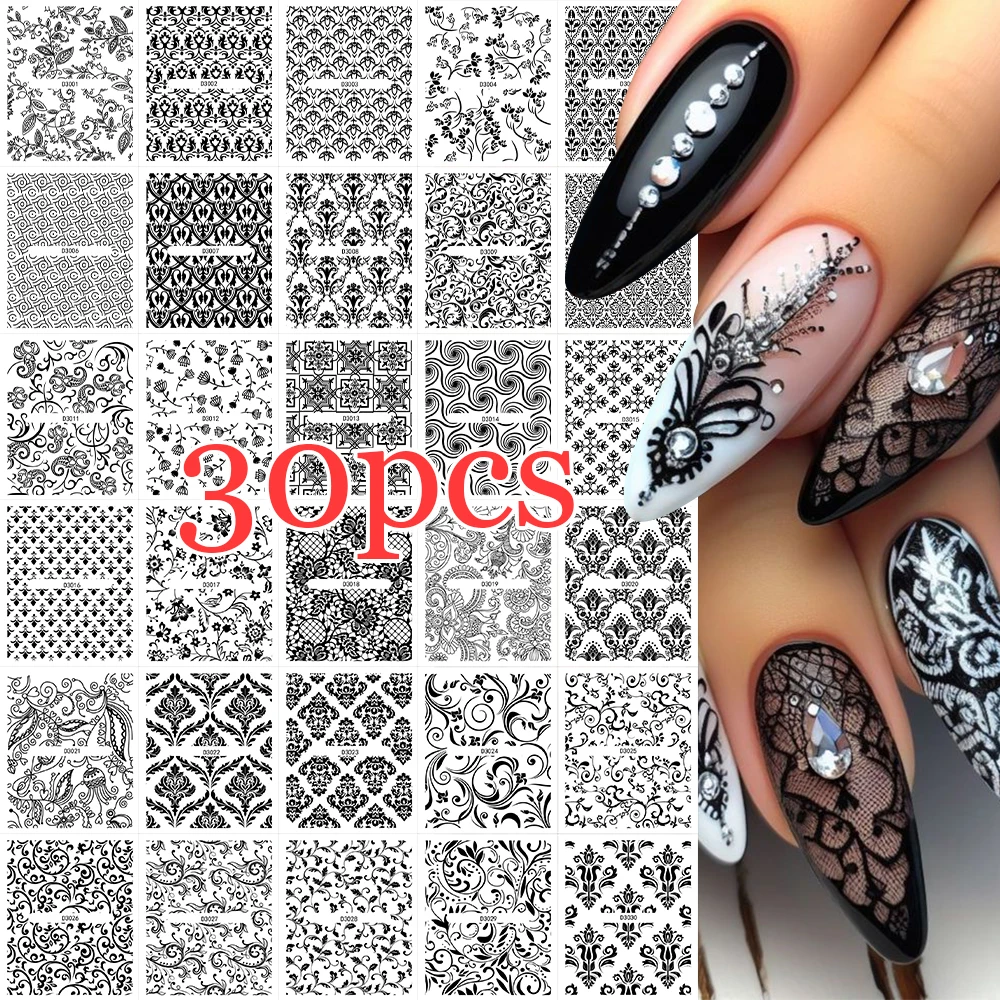 30pcs random styles Black Lace Fishnet Flowers Nails Stickers Set Sexy Hollow Mandala Pattern Nail Slider Decals