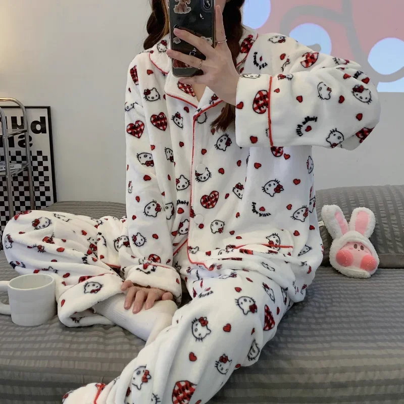 Hello Kitty Winter Coral Fleece Pajamas Warm Thickened Flannel Lapel Long Sleeve Two-piece Set Women\'s Pajamas Sanrio Loungewear