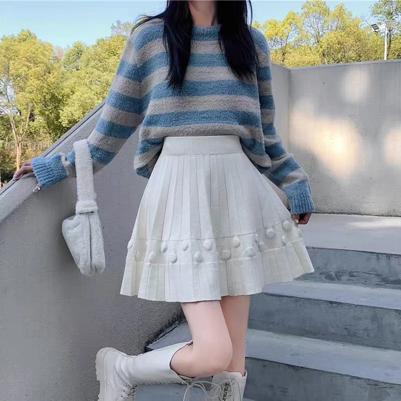 

Нежный стиль, однотонные вязаные юбки, женские корейские милые короткие плиссированные юбки с высокой талией, модная мини-юбка в консервативном стиле, женская