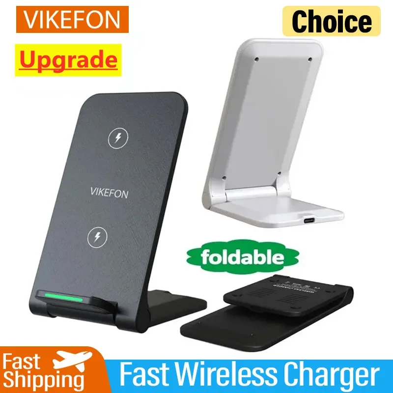 VIKEFON  Dual Coil Wireless Charger Stand Pad For iPhone15 14 Pro Max Samsung S23 S22 Qi Fast Charging Dock Station Phone Holder