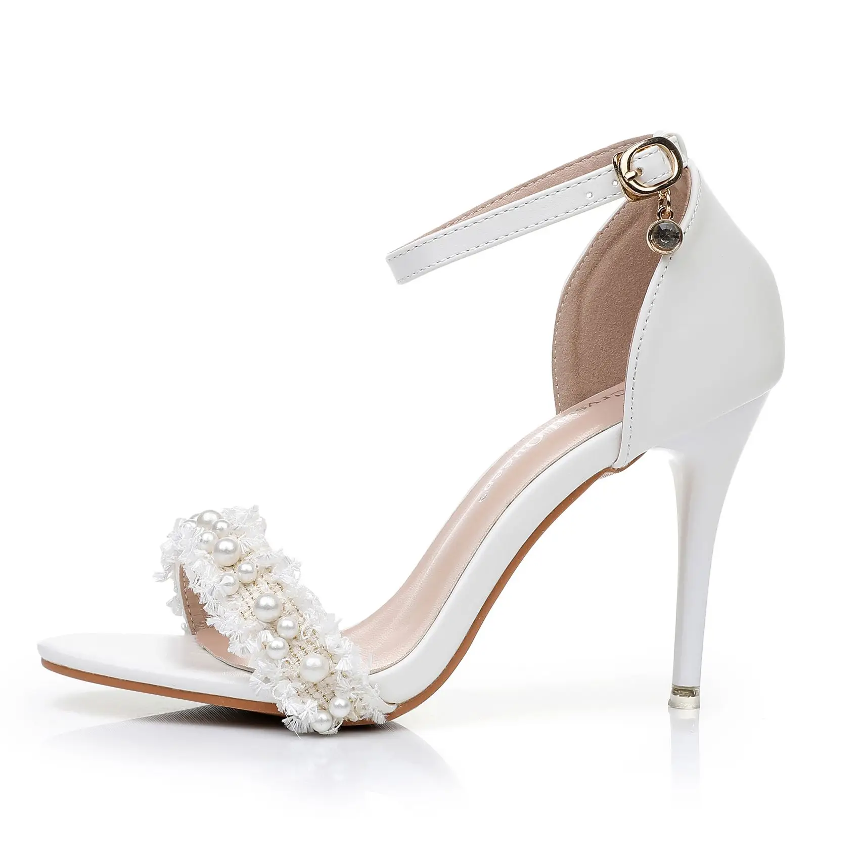 Crystal Queen Women Sandals Stiletto White High Heels Elegant Pumps Sweet  White Lace Pearl Wedding Shoes