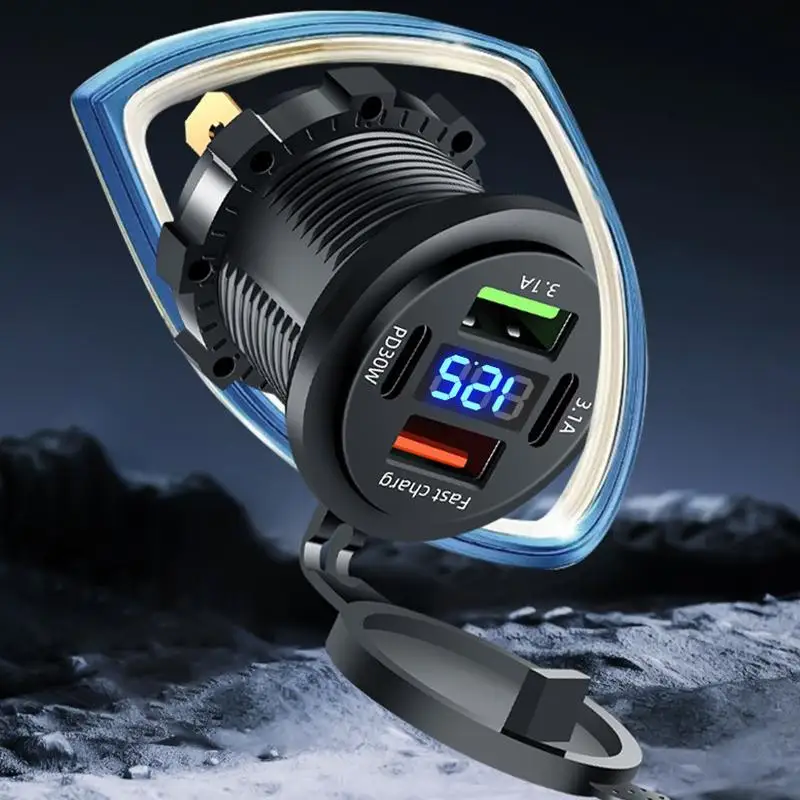 *Car Charger Socket Dual Type-C & Dual USB 4Ports Fast Charging Socket Waterproof With Voltmeter 12V/24V For Car Boat Motorcycle