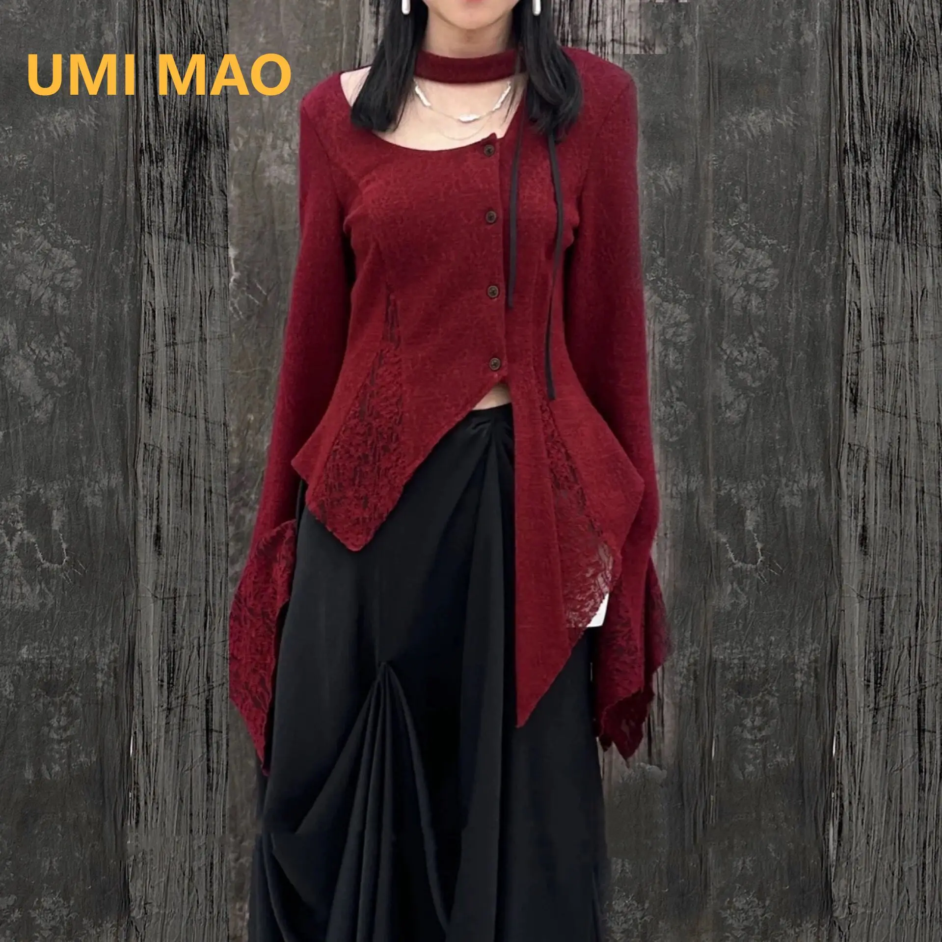 

UMI MAO Wine Red Top Women's Spring Autumn Neckband Tie Anime Wool Jacquard Knitted Spliced Top Sweater Fashion Tops