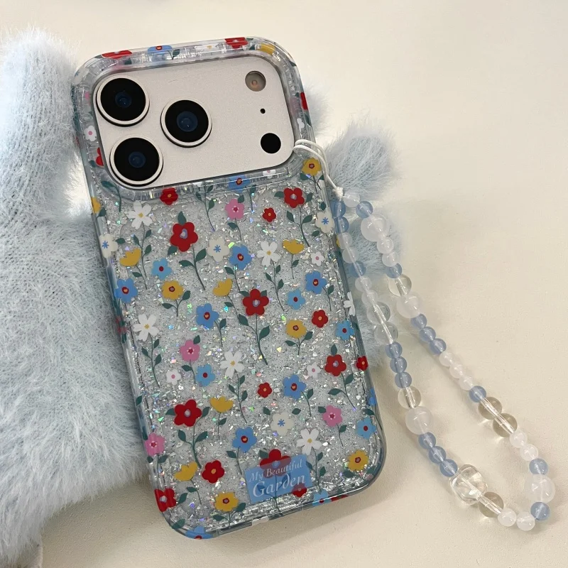 

Fashion Clear Glitter Little Flower Phone Case For iPhone 17 Pro 16 15 14 Pro Max Cover with Chain Korean Cute Cartoon Back Case