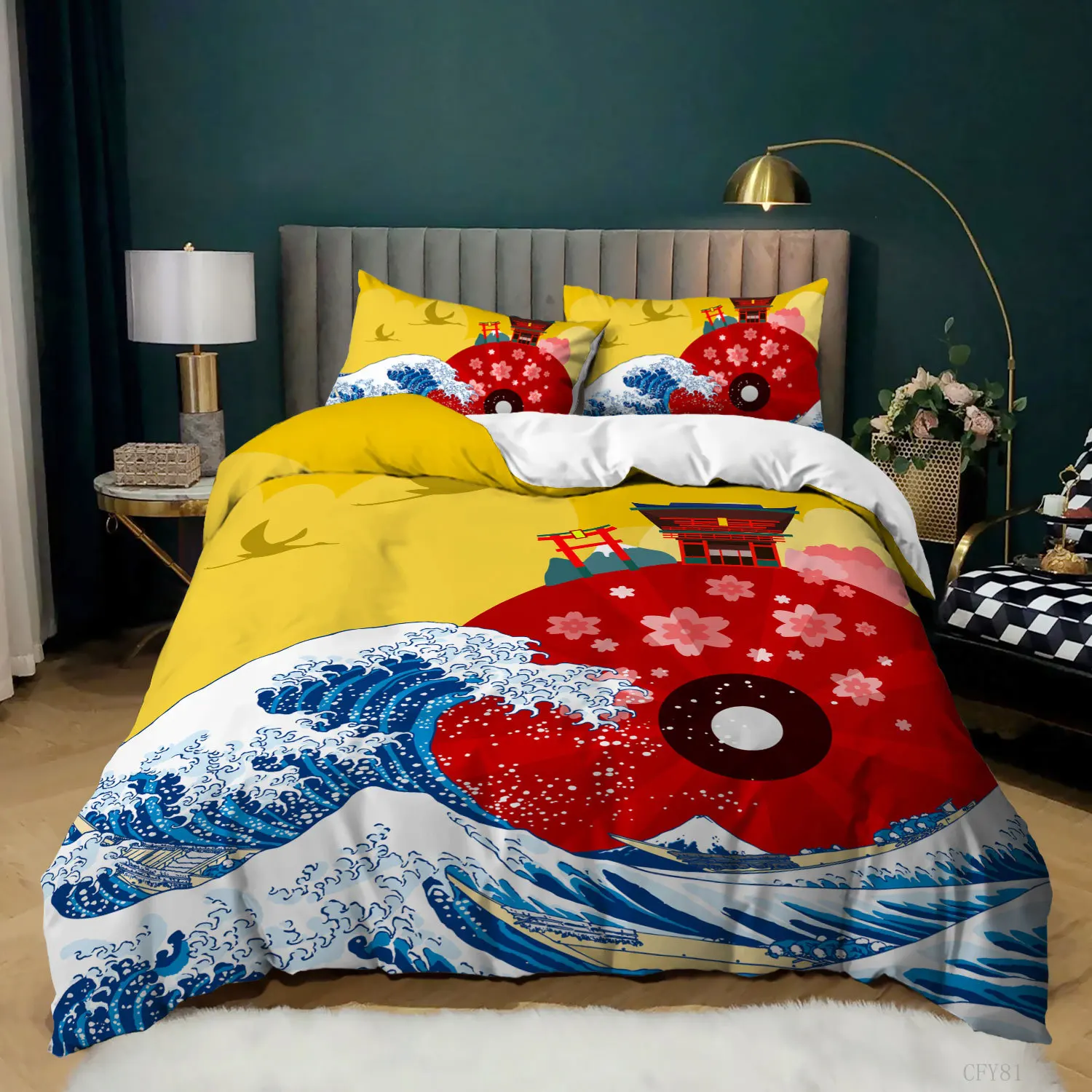 

Japanese Duvet Cover Set King Microfiber Sea Wave Cherry Blossoms Comforter Cover Japan Culture Oriental Art Twin Bedding Set