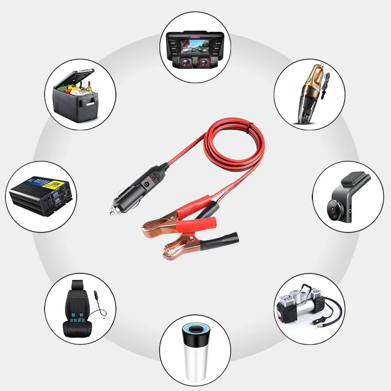 12V-24V Car Male Plug Cigarette Lighter Socket Adapter Power Cord Alligator Clip Battery with Extension 20A Fuse LED Indicator