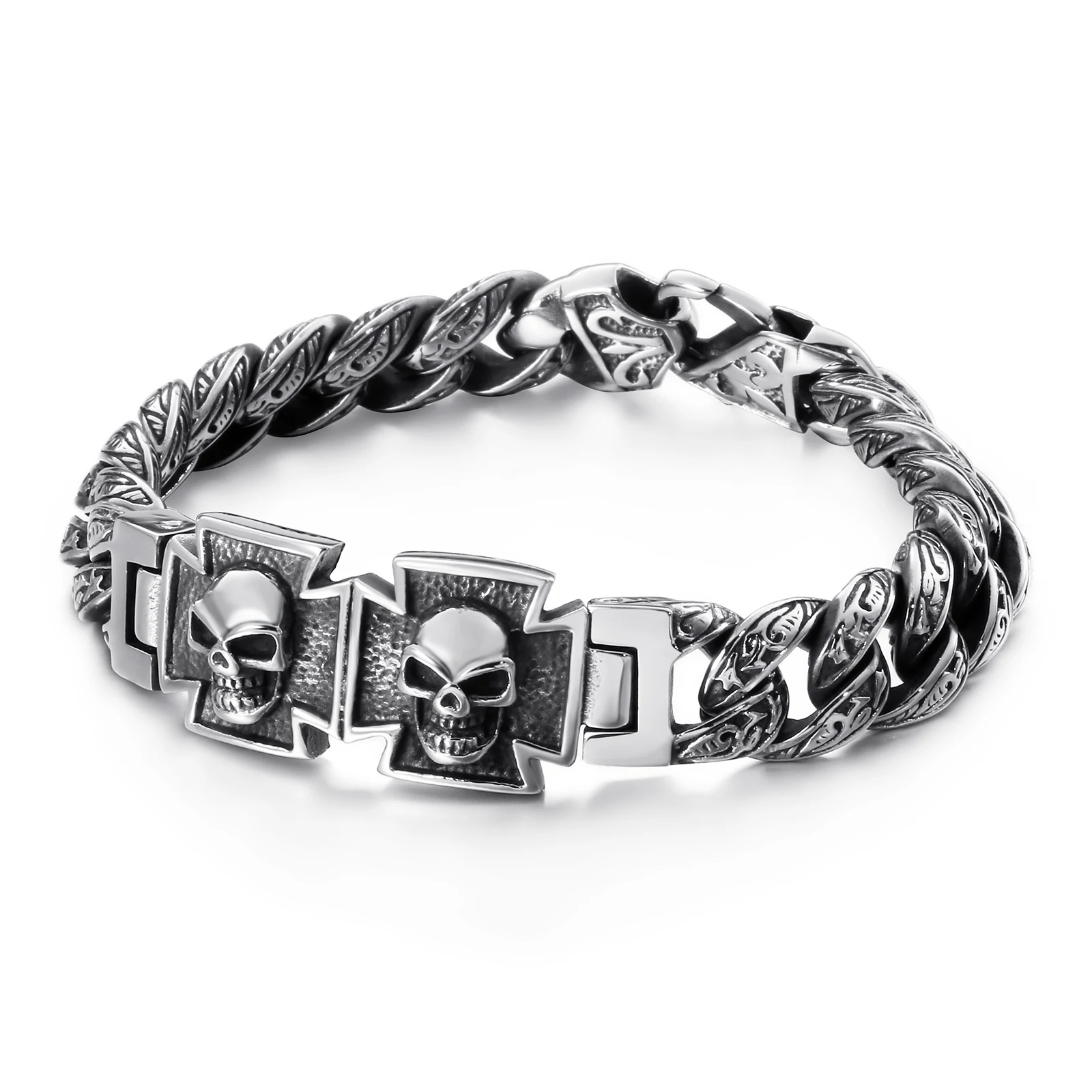 

KALEN 13mm Gothic Skull Bracelet Men Stainless Steel 316L Punk Cuban Chain Jewelry