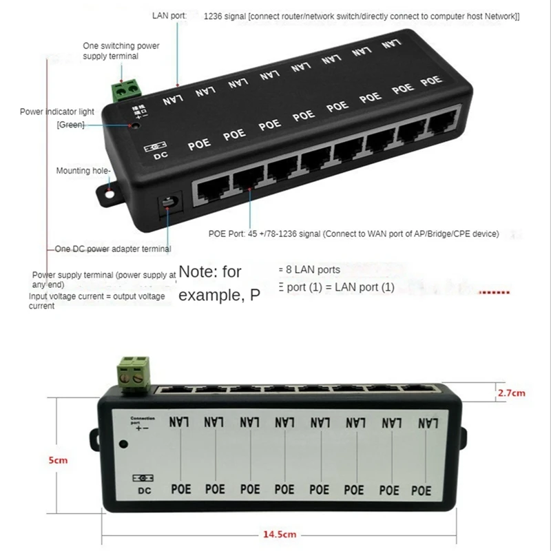 POE Injector 8 Ports Poe Power Adapter Ethernet Power Supply For CCTV Network POE Camera Power Over Ethernet