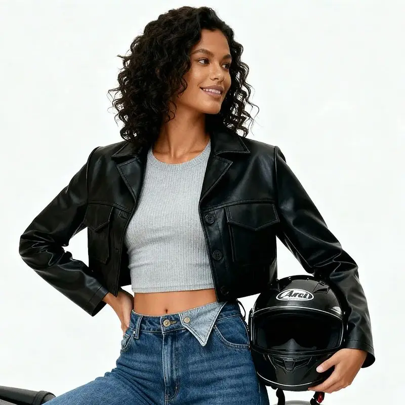 

NEW Short Cropped Biker Style Motorcoat Lapel Sexy Punk Vestido Casual Winter Coat 2026 Chic NWomen's Black Faux Leather Jacket