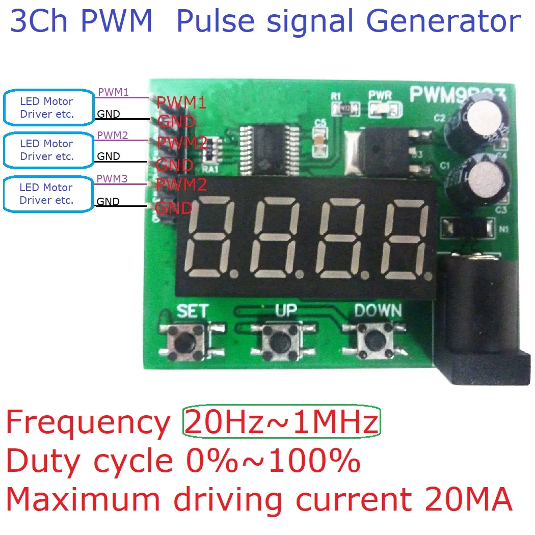 Gerador de sinal de função pwm9b03 3 ch dc 12v 24v pwm 20hz-1mhz ciclo de trabalho de frequência onda quadrada pulso módulo ajustável forma de onda