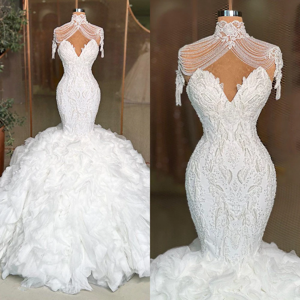 Robes de mariée sirène de créateur pour femmes, col en cœur, sans manches, avec des Appliques de perles, avec traîne de balayage, robe personnalisée