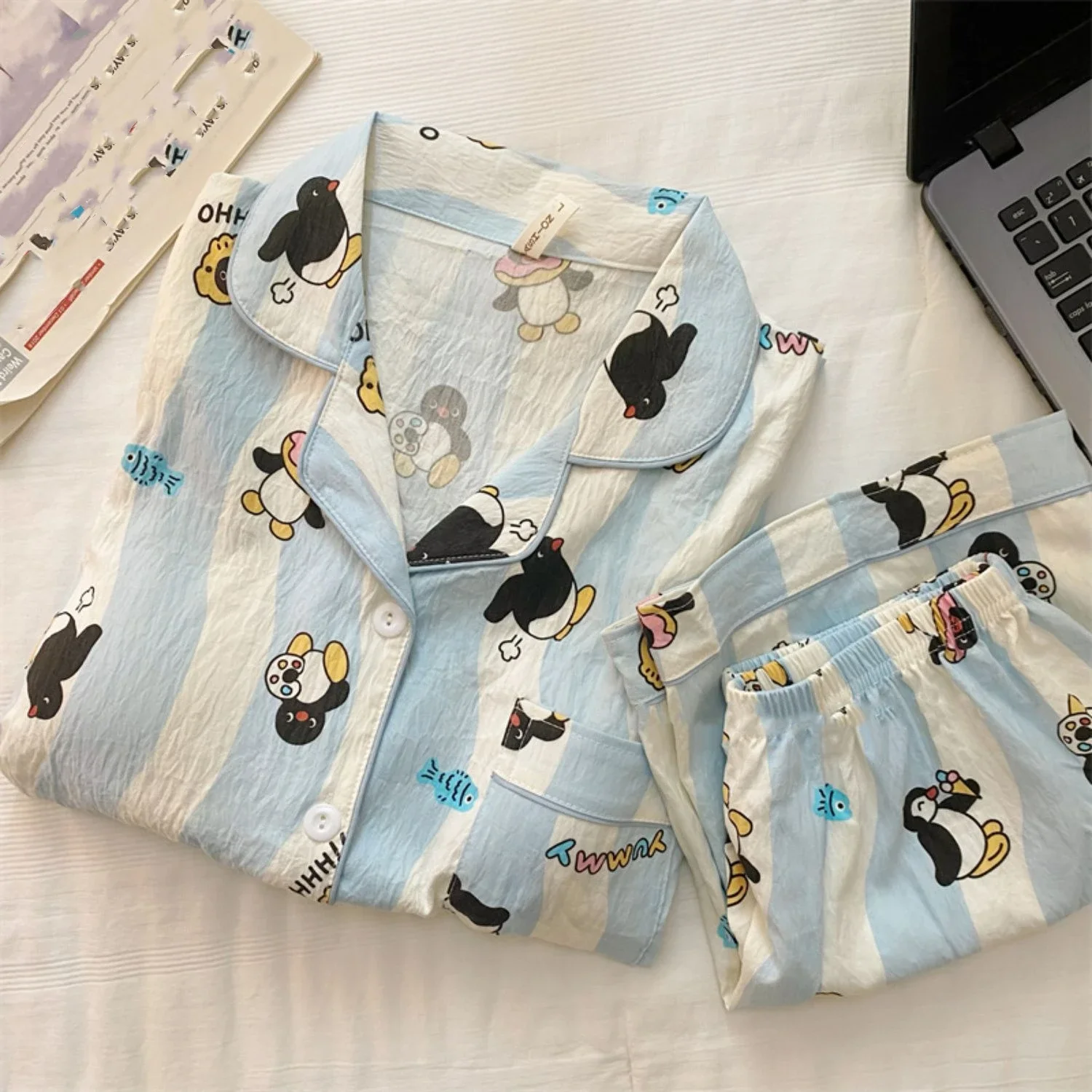 Penguin Print Women Autumn Two Piece Pajama Set Long Sleeve V Neck Top & Elastic Waist Pants 2 Pieces Female Sleepwear Nightwear view 2