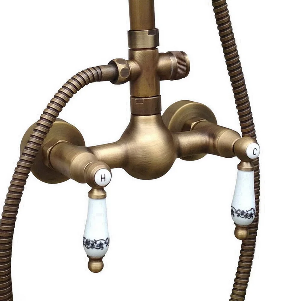 Vintage Retro Antique Brass Dual Ceramic Handles Bathroom 8 Inch Round Rain Shower Faucet Set Mixer Tap Hand Shower man108