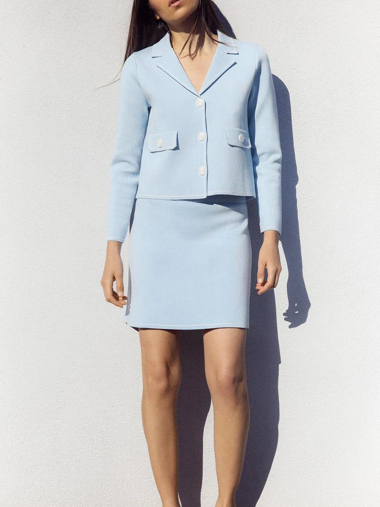 

European and American style Summer new products Women's clothing with trim lapel long sleeve knitted jacket skirt suit