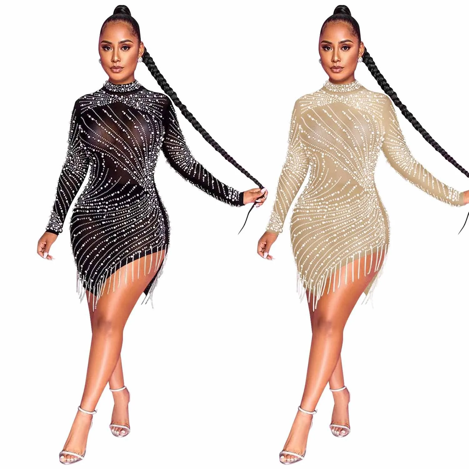

Sexy Nightclub Party Prom Club Banquet Solid Color Mesh See-through Hot Drilling Bubble Beads Fringe Round Neck Long Sleeve Dres