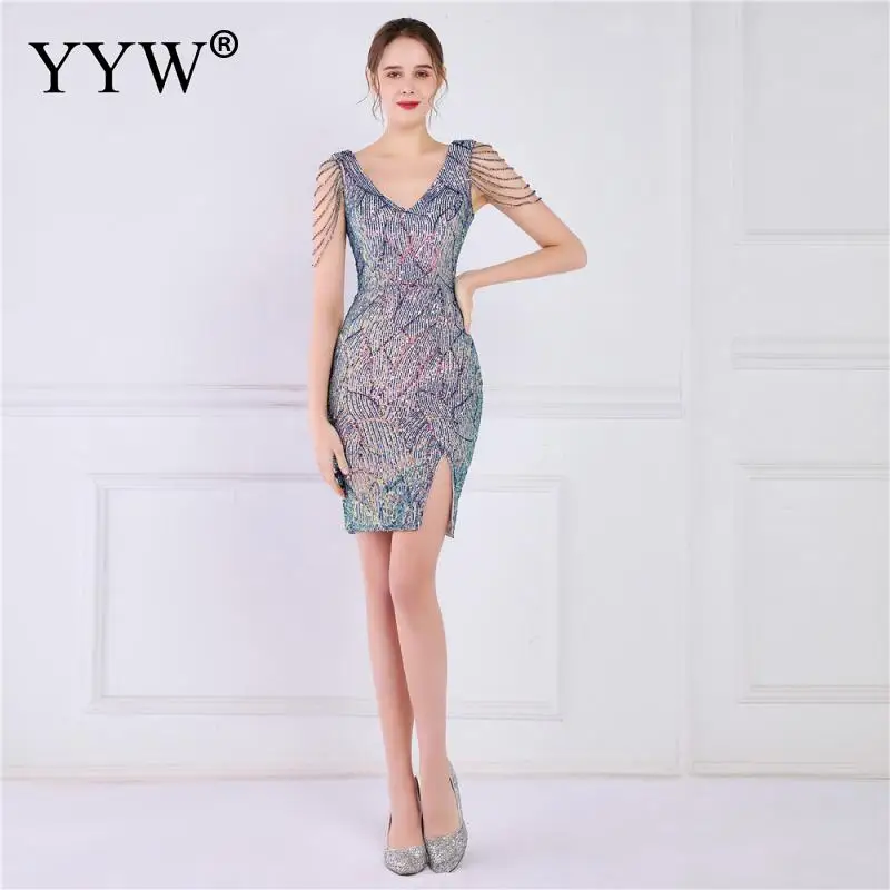 

2023 Sequins Celebration Short Party Dresses Cocktail Sexy Deep V-Neck Elegant To The Knee Formal Gowns abiye gece elbisesi