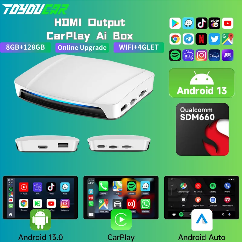 Carlink Uhd Tv Box Split Screen Sans Fil Android 13 Draadloze Carplay & Android Auto Adapter Met Hdmi Output Voor Youtube Netflix