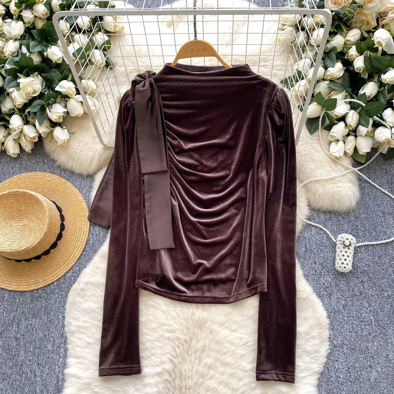 

Винтажная элегантная велюровая блузка с длинными рукавами и бабочкой, модная рубашка, повседневный топ, женская рубашка феи