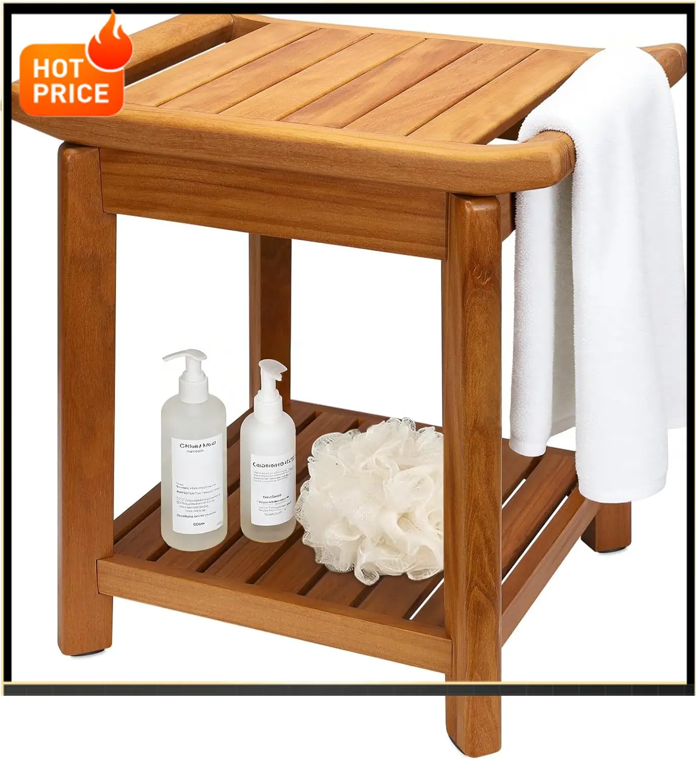 

Bestseller17" Teak Shower Chair with Storage Shelf & Handle, Non-Slip Waterproof Wooden Shower Bench, Stable Bathroom Seat and H