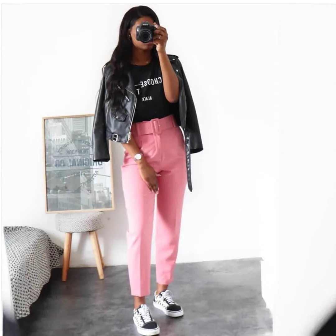 여성용 하이웨이스트 지퍼 플라이 앵클 팬츠 (벨트 포함), 오피스룩 바지, 사이드 포켓, 여성 패션